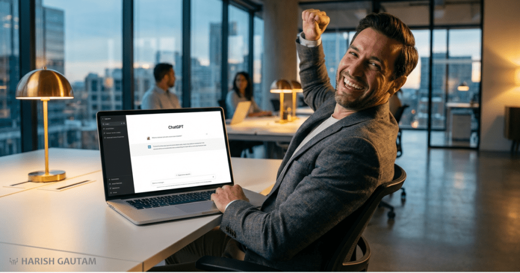 Person experiencing AI overconfidence syndrome while using ChatGPT on laptop